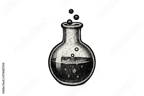 Science chemistry lab flask with bubbling potion. Halftone dotwork vintage illustration. Retro grunge style vector for experiment, alchemy, or magic poison liquid concept.
