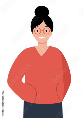 Happy woman with dark hair bun and glasses in a red sweater. Modern cheerful female character illustration for profile avatar or social media.