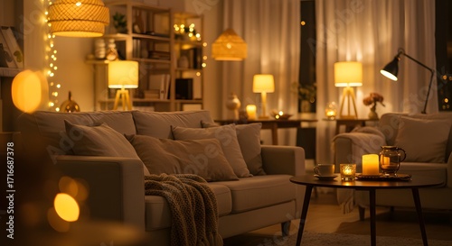 luxury hotel room,  Light Sofa and Candlelit Table in Warmly Lit Living Room with Books and Glow