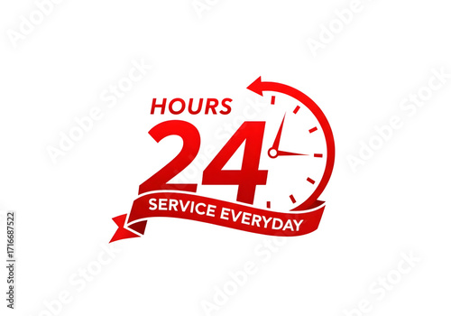A red sign with a clock and the words 24 hours service everyday isolated on transparent background