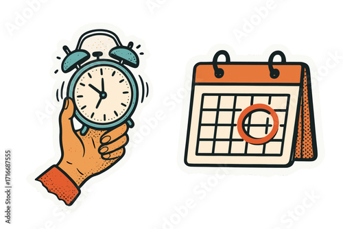 Trendy halftone collage torn sticker with female hand holding ringing alarm clock and marked reminder on calendar, time management and schedule planning concept, vector business design