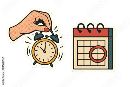 Female hand holding ringing alarm clock with marked calendar reminder, trendy halftone collage torn sticker, business time management concept, appointment and deadline planning vector