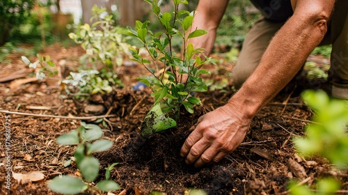 A person planting a small shrub in the ground, wearing gloves, focused on gardening, surrounded by greenery