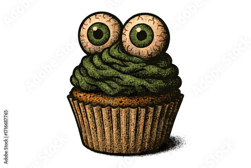Halloween zombie cupcake monster food. Spooky dessert with creepy eyeballs. Vintage horror clipart. Retro 90s grunge halftone offset print texture. Scary cartoon vector.