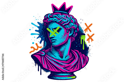 Urban neon graffiti art with halftone Greek sculpture bust, vandal street style, hipster vector design for t-shirt and sweatshirt print, colorful modern urban culture illustration