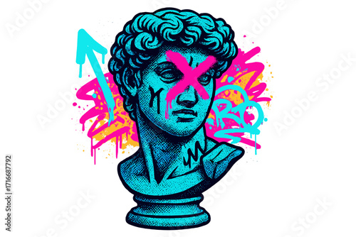 Urban neon graffiti art with halftone Greek sculpture vandal concept, hipster graphic vector illustration for tee, t-shirt and sweatshirt design, street style pop culture