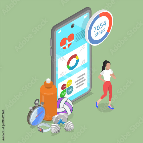 3D Isometric Flat Vector Illustration of Step Counter APP, Athlete Utilizing Phone For Step Tracking