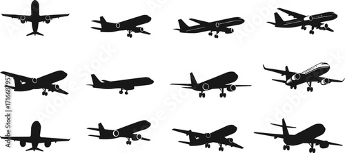 Airplane silhouettes set, passenger jet icons, commercial aircraft collection, landing and takeoff planes, aviation transport vector illustration, black flight symbols