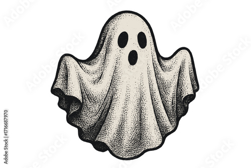 Cute white sheet ghost on Halloween. Vintage vector illustration with halftone dot texture. Retro 90s grunge style. Spooky scary phantom spirit symbol. Cartoon character.