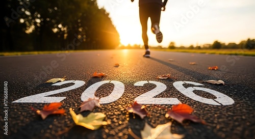Low-Angle View of Runner Moving Towards Sunlit Horizon with 2026 Painted on Road