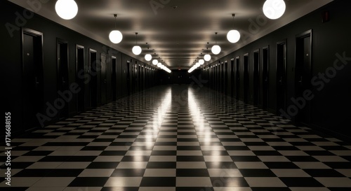 Dark Hallway with Many Doors and Circular Lights