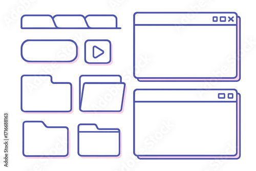 Retro UI kit, old computer interface elements. Vaporwave and 90s Y2K style graphic set. Line art folder, window, tab and button icons for web design. Vintage OS GUI frame.