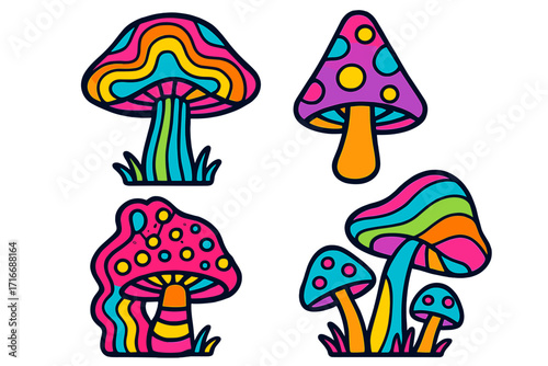 Psychedelic mushrooms vector set. 70s groovy retro hippie style. Magic mushroom collection. Funny colorful neon cartoon illustration. Trippy fantasy fungus toadstool icons.