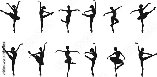 Ballet dancer silhouettes set, ballerina poses collection, classical dance icons, performance vector illustration, artistic movement symbols, elegant ballet figures