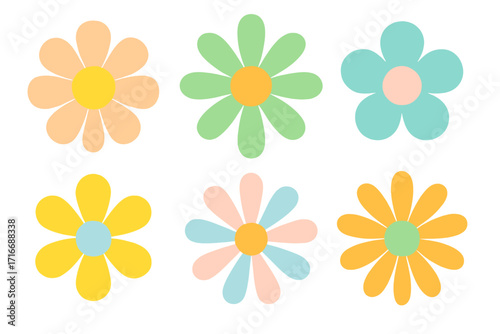 Retro groovy daisy flower power set. Hippie 70s floral sticker collection. Simple pastel psychedelic shapes. Vintage vector illustration with grain texture. Kitsch design icon.