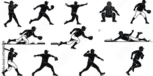 Baseball silhouette set, players in action, pitching, fielding, sliding, catching, running, black white vector illustration, sports movement