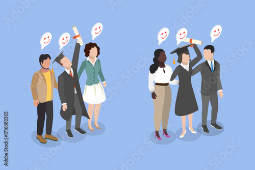 3D Isometric Flat Vector Illustration of Graduated Students, University or High School