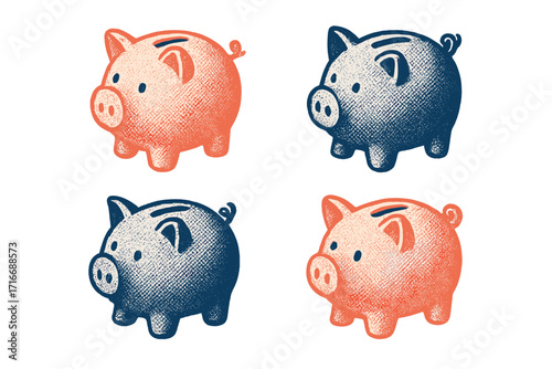 Set of piggy banks in vintage risograph halftone style. Financial concept for saving money, investment, banking and economy. Retro duotone pig money box vector icon collection.
