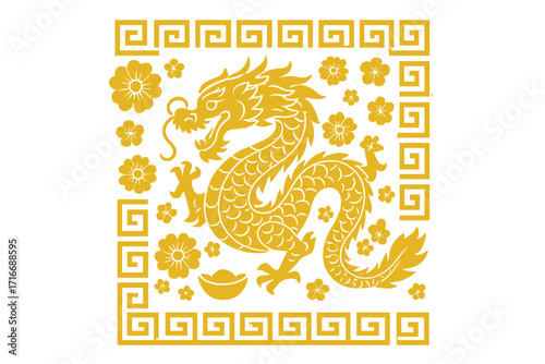Golden Chinese dragon in paper cut art style. Lunar New Year celebration vector. Traditional asian zodiac symbol with flowers and ingot for wealth and good fortune.