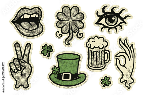 St. Patrick's Day groovy sticker pack in retro y2k style. Vector collage collection of psychedelic elements like leprechaun hat, shamrock, beer, peace hand, eye, mouth.