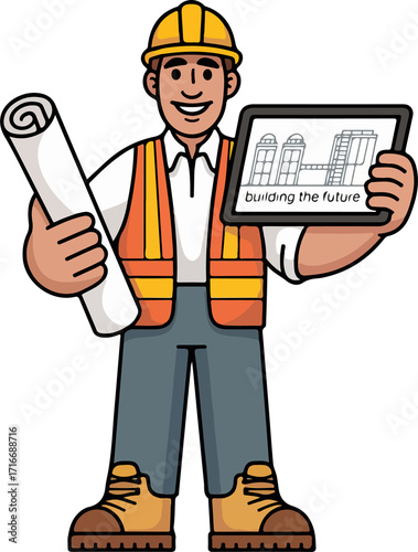 Visionary construction worker presenting building plans for the future with confidence, wearing safety gear and holding architectural blueprints with pride