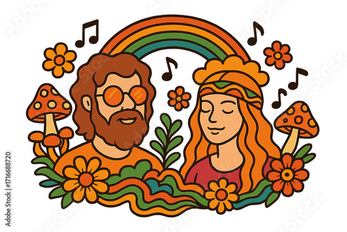 Trippy Hippie Retro 70s Psychedelic Art with Groovy Man and Woman, Flowers, Mushrooms, Rainbow, Music Notes, Groovy Vibes, Vintage Hippie Style Tee or Sticker Design