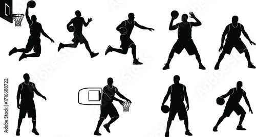 Basketball player silhouettes, slam dunk action, dribbling poses, defensive stance, athletic movement, sports training, basketball game illustration, dynamic athlete artwork