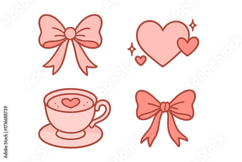 Valentine's Day cute minimalistic greeting cards collection, pink girly coquette Y2K aesthetic set with elegant vintage accessories, lovely cute red contoured pink ribbons and hearts