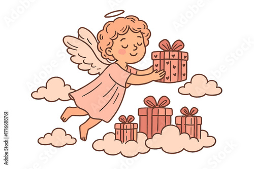 Valentine’s Day design layout with pink angel flying in clouds holding gift boxes, hand-drawn vector illustration, cartoon cupid delivering presents, love and celebration theme