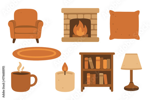 Cozy autumn interior elements with fireplace, armchair, and decor