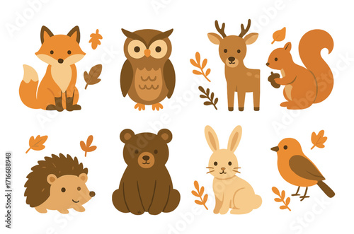 Cute cartoon woodland animals with fox owl deer and more in autumn colors