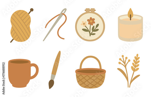 Cozy crafting icons featuring yarn, needle, embroidery, candle, mug, brush, basket, and plant