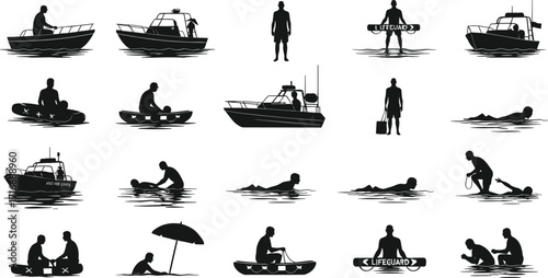 Beach rescue and water activity silhouette set, lifeguard, swimmer, boat patrol, black white vector illustration, safety and recreation