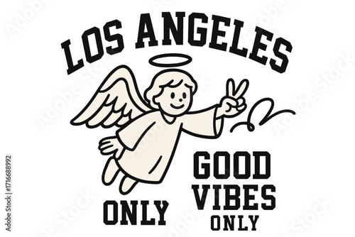 Los Angeles good vibes only slogan with cute angel character. Retro cartoon mascot with peace sign gesture. Streetwear graffiti art vector for t-shirt print. Positive optimistic message.