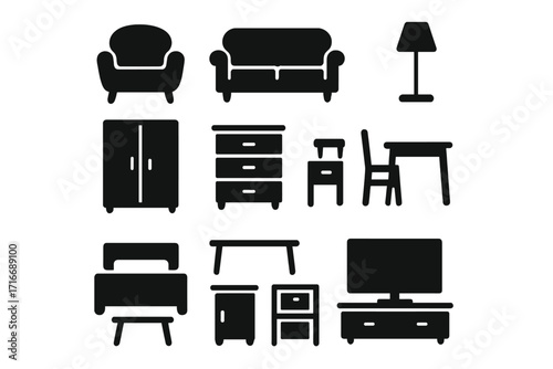 Minimalist home furniture icon set. Black silhouette vector collection for interior design. Flat graphic symbols of sofa, chair, bed, lamp, wardrobe, table for web and print.