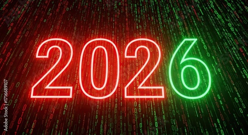 Illuminated 2026 new year date with red and green neon lights on digital background