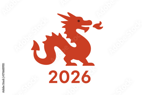 Chinese New Year 2026 Year of the Dragon. Red dragon zodiac symbol in simple flat style. Minimalistic vector illustration for holiday greeting card or banner design.