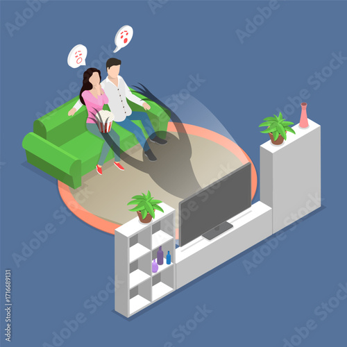 3D Isometric Flat Vector Illustration of Horror Watching, Romantic At-Home Movie Night Turns Spooky With A Horror Film For This Couple.
