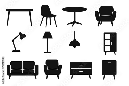 Modern furniture icon set. Minimalist silhouettes of home interior design elements. Vector collection including table, chair, lamp, sofa, armchair, dresser, and cabinet.