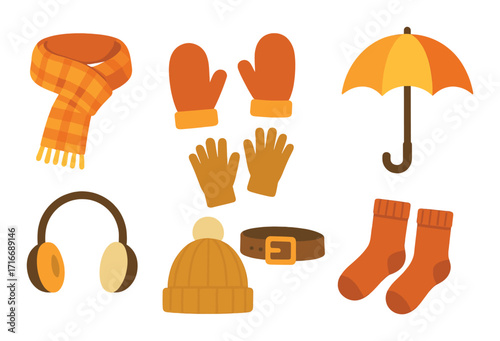 Cozy autumn accessories with scarf, mittens, umbrella, headphones, hat, belt, and socks