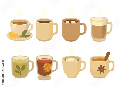 Collection of eight different hot beverages with decorative elements