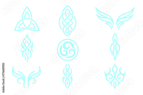 Neo tribal tattoo set. Gothic cyber body ornament shapes kit. Celtic abstract signs, Maori and Hawaiian sleeve symbols. Y2k Polynesian abstract symmetry swirls and wings.