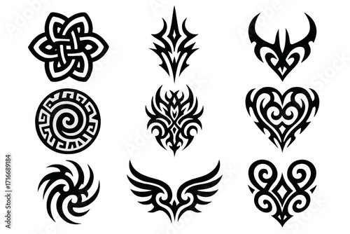 Tribal tattoo collection with Celtic knots, gothic cyber ornaments and abstract Hawaiian signs. Maori sleeve symbols, y2k Polynesian shapes and symmetrical swirls vector set.