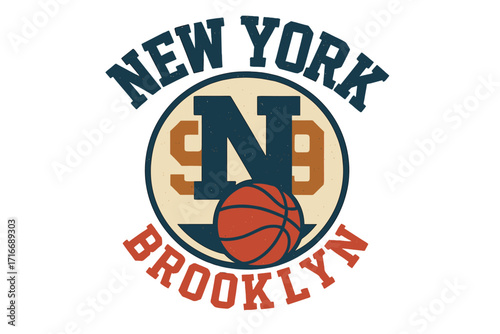 New York Brooklyn basketball sport print for T-shirt. Retro varsity league college team logo emblem. Vintage USA campus style graphic with distressed texture. Vector.