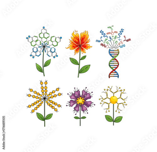 Amazing science-inspired flowers bloom, showcasing DNA, molecules, and chemical structures in vibrant, educational artistry