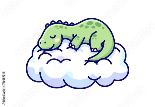 Adorable green dinosaur peacefully sleeping on a fluffy white cloud, bringing dreams of prehistoric wonder and serene slumber
