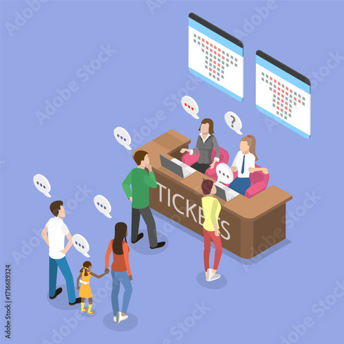 3D Isometric Flat Vector Illustration of Сinema Ticket Counter, Customers Purchasing Movie Tickets From The Ticket Booth.