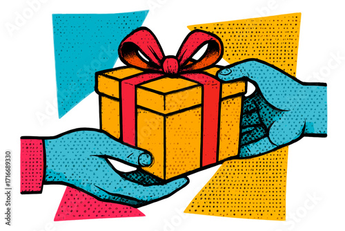 Hands giving and receiving a gift box. Retro 80s 90s pop art vector illustration with halftone dots. Concept of sharing, charity, surprise present, celebration, holiday bonus.