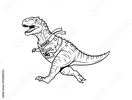 Triumphant Tyrannosaurus Rex celebrating victory with a winner's sash and bib, roaring with joy after a fierce competition