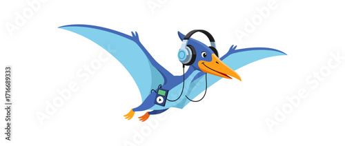 Joyful cartoon pterodactyl wearing headphones and listening to music on an MP3 player while flying through the sky